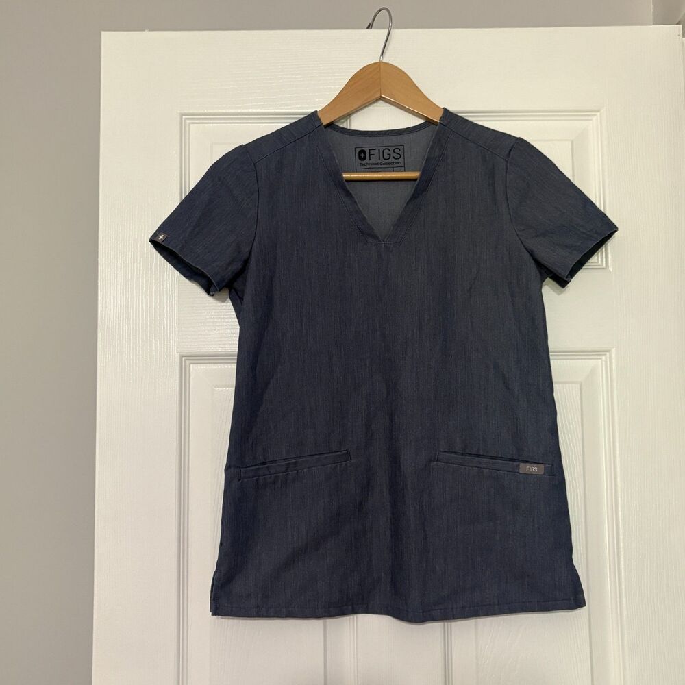 Figs Scrub Top Womens XXS Heather Denim Blue V Neck Pockets Medical